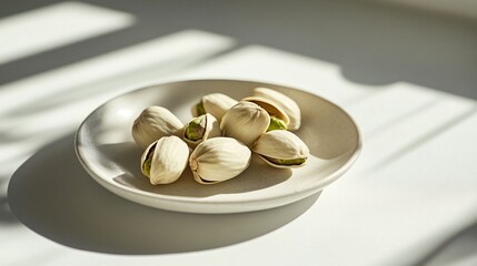 A modern minimalist composition featuring a few pistachios artistically arranged on a white plate with elegant shadows