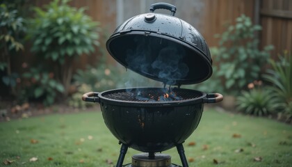 A grill is outdoors on the grass with smoke rising from burning briquettes. The grill has an open lid