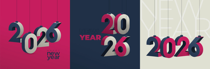 Happy new year 2026 square template with 3D hanging number. Greeting concept for 2026 new year celebration