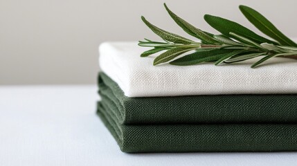 A stack of three white and two green cloths with a sprig of rosemary on top.