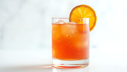 a cocktail in a glass with ice and a slice of orange