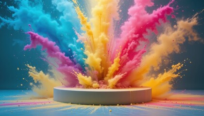 A collection of colored dust exploding from a raised platform