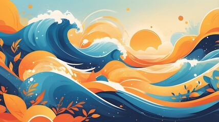 AI-generated abstract summer background with vibrant warm colors, sun-inspired textures, and tropical wave-like patterns. A dynamic and artistic representation of the lively energy of summer.