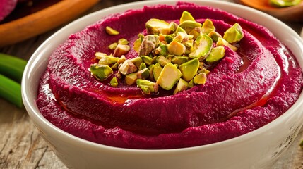 Vibrant Magenta Beet Hummus Topped with Chopped Nuts in a White Bowl on a Rustic Table