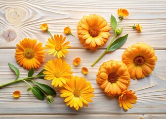 Minimalist Calendula Golds Flat Lay Photography, High-Angle View, Wooden Texture, Shallow Depth of Field, Copy Space