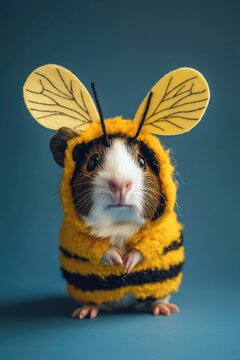 A delightful guinea pig perfectly dressed as a bee features charming yellow and black stripes with quirky antennae, bringing a smile on a bright blue background.