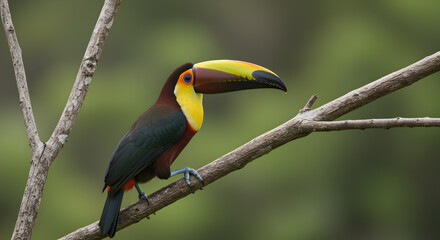 Obraz premium Striking keel-billed toucan perched gracefully on a branch in lush jungle foliage
