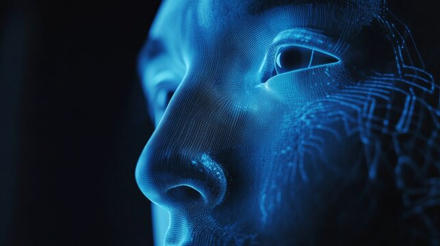 A high tech AI powered security system scanning facial features for real time identity verification and threat detection at a high security facility, Security technology style, photo of