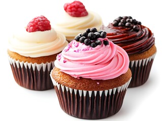 Four delicious cupcakes with various frostings and toppings are displayed on a white background perfect for bakery menu or website.