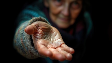 Elderly woman extending hand in gesture of need and connection