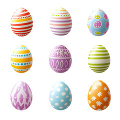 Collection of Easter eggs decorated with polka dots and stripes, isolated on white background