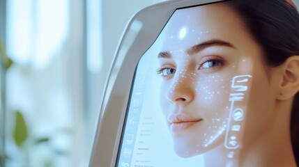 A high tech AI powered smart mirror providing personalized skincare analysis and beauty product recommendations based on skin conditions, Beauty technology style, photo of