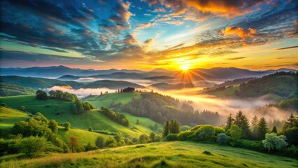 Pastel sunrise paints a serene landscape: rolling hills meet lush forest.