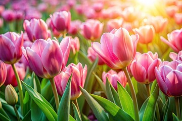 Fototapeta premium Pink Tulip Flower Bed Photography: Stunning Spring Blooms, Vibrant Colors, Close-Up Shots, Garden Photography, Floral Images, Beautiful Tulips