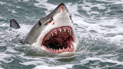 Fototapeta premium A dramatic moment as a great white shark opens its mouth wide, displaying its sharp fangs in the ocean depths