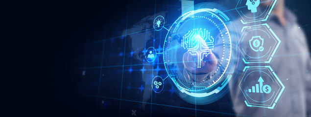 Artificial intelligence (AI), machine learning and modern computer technologies concepts.