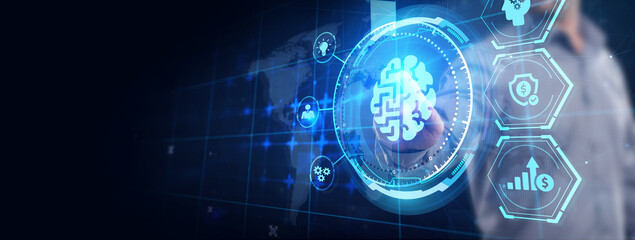 Artificial intelligence (AI), machine learning and modern computer technologies concepts.