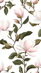 Vintage magnolia flowers and leaves, seamless pattern on a white background, vector illustration