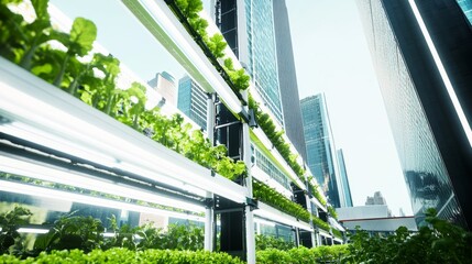 A high tech AI powered urban farming tower with automated vertical hydroponic systems in a futuristic city, Sustainable food production style, photo of
