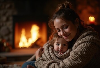 Mother Holding Baby by Warm Fireplace on Mother's Day