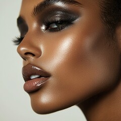Close-up profile of a woman with shimmering makeup.