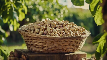 Obraz premium Pistachios still encased in their outer hulls, freshly picked and piled high in a woven basket on a farm table