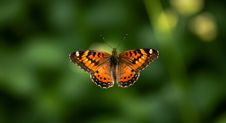 Obraz premium Vibrant Painted Lady butterfly with open wings against blurred green foliage