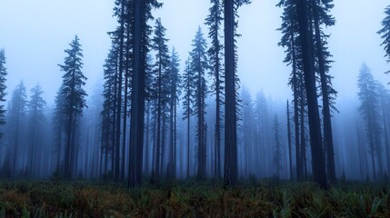 Atmospheric Fog Rolling Through Ancient Forest at Dusk with Tall Evergreen Trees