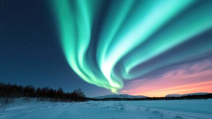 Naklejka premium Mesmerizing Aurora Borealis Dancing Over Snowy Landscape at Night