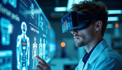 Scientist wearing VR headset interacts with a futuristic digital interface displaying detailed anatomical diagrams and data. Advanced medical technology and virtual healthcare innovation.
