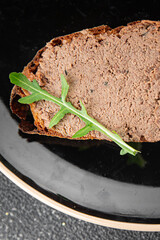 Pate meat chicken liver with mushrooms tasty fresh delicious gourmet food background on the table rustic food top view copy space