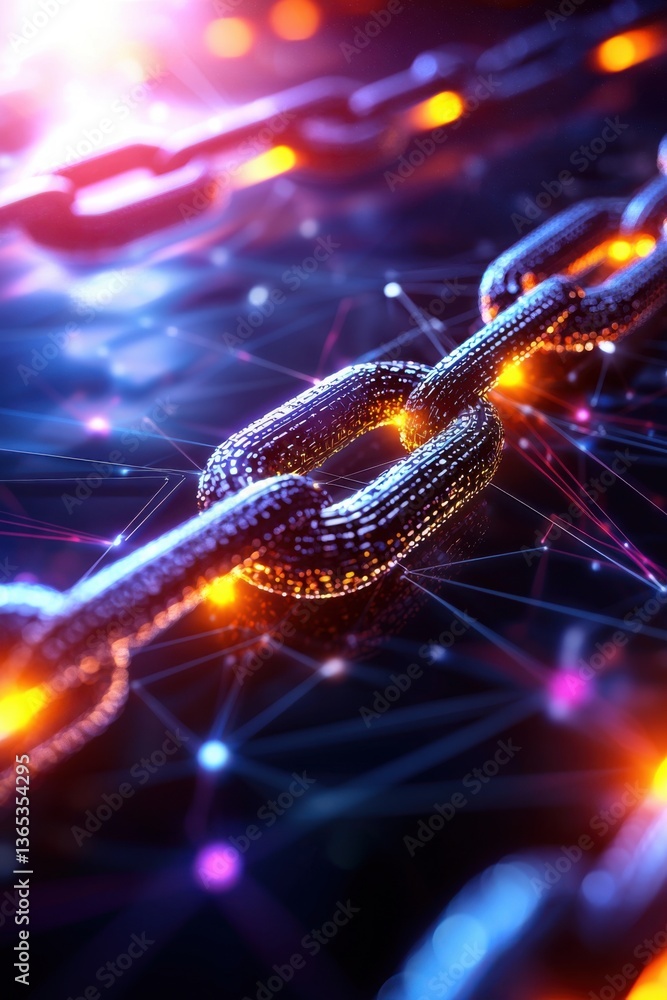 Poster close-up of interconnected metallic chains illuminated by glowing lights in a digital network backgr