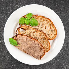 Pate meat chicken liver with mushrooms tasty fresh delicious gourmet food background on the table rustic food top view copy space