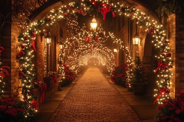 Obraz premium Festive street decorated with Christmas lights and garlands, holiday archway with glowing ornaments and red ribbons