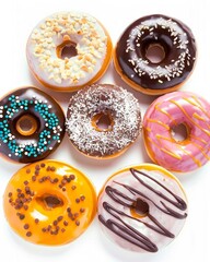 6 doughnuts of different colors and textures, white background, high resolution, professional
