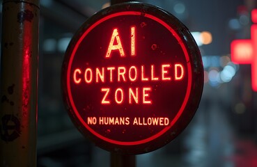 A AI Controlled Zone No Humans Allowed sign glowing red ominously