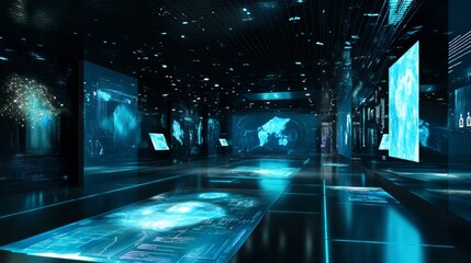 A hyper modern AI driven virtual museum with holographic art displays and interactive digital guides, Digital culture style, photo of