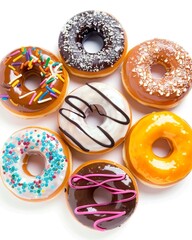 6 doughnuts of different colors and textures, white background, high resolution, professional