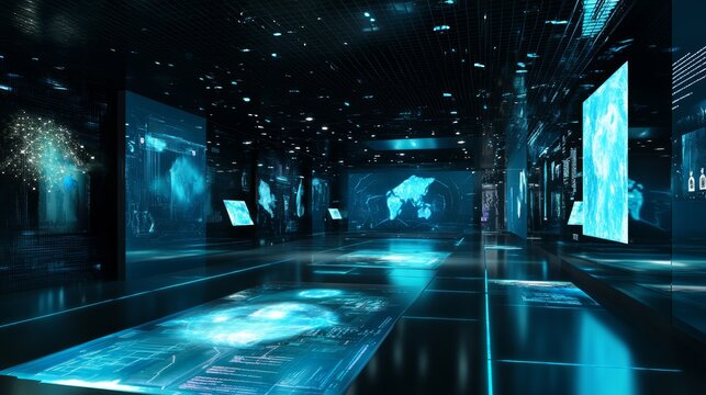 A hyper modern AI driven virtual museum with holographic art displays and interactive digital guides, Digital culture style, photo of