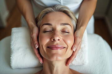 Portrait of pretty relaxed senior woman lying with closed eyes having facial massage in spa salon. Female client enjoy receiving skin care procedure treatment. Wellness and beauty day concept. AI