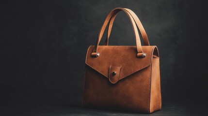 A high-end minimalist leather handbag with a structured flap closure, presented against a black background with soft shadows