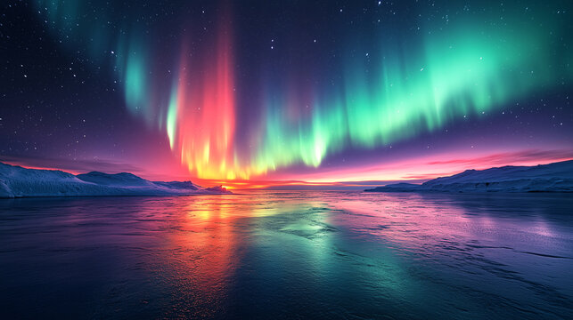 Un paysage enneig&eacute; avec un coucher de soleil et une aurore bor&eacute;ale