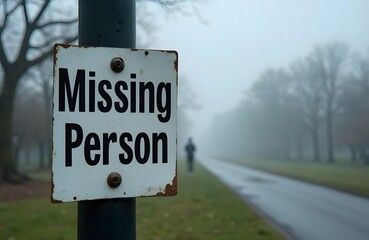 A Missing Person sign peeling and faded attached to a lamppost in a misty park