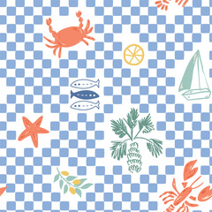 Blue summer checkered seamless pattern with lobster, crab, sardines, lemon, palm tree. Vector mosaic wallpaper, tropical vacation background, cute textile design, Mediterranean wrapping paper, print