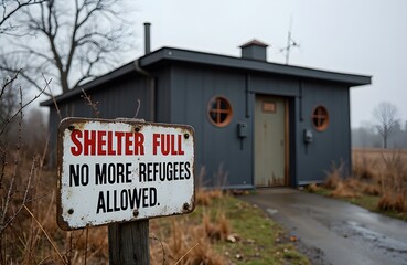 A Shelter Full No More Refugees Allowed sign outside a fortified bunker