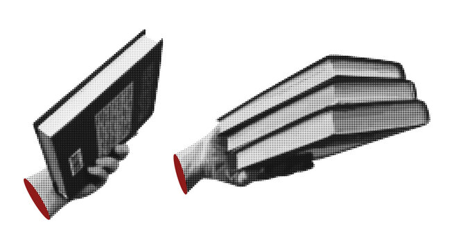 Set collage cut out elements hands holding books. Retro vector illustration isolated on transparent background.