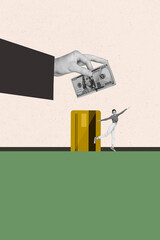 Vertical contemporary photo collage of happy businesswoman stand credit card deposit dollar income transaction payment capital