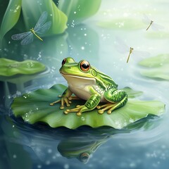 Frog and dragonflies in serene nature setting photo