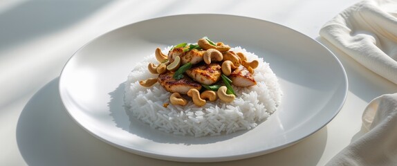 white plate of chicken sauted cashew nuts and rice.