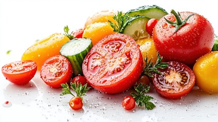 Fresh assorted vegetables with dewdrops on white background